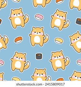 Seamless pattern of cute shiba inu dog with various sushi background.Japanese pet animal character cartoon design.Image for card,poster,baby clothing,Kawaii.Vector.Illustration.