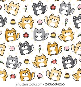 Patrón sin fisuras de perro lindo de shiba inu en forma cuadrada con postre en fondo blanco de punto pastel. Carácter animal japonés y diseño dulce. Ropa. Pantalla de impresión. Gráfico del bebé. Kawaii. Vector.