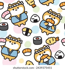 Seamless pattern of cute shiba inu dog with japanese food on white background.Sushi,rice ball,tempura hand drawn.Pet animal character cartoon design.Kawaii.Vector.Illustration.