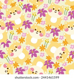Seamless pattern of cute shiba inu pastel with various flower background.Spring.Blooming.Floral.Sakura.Japanese pet animal character cartoon design.Kawaii.Vector.Illustration.