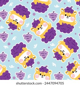 Seamless pattern of cute shiba inu dog in grape fruit background.Japanese pet animal character cartoon design.Image for card,poster,baby clothing.Kawaii.Vector.Illustration.