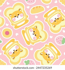 Patrón sin fisuras de lindo shiba inu perro usar sombrero de forma de pan con fondo de icono de panadería. animal de compañía japonesa personaje de dibujos animados design.Strawberry.Jam cookies.Kawaii.Vector.Illustración.