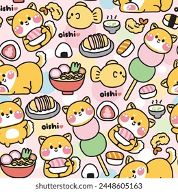 Seamless pattern of cute shiba inu dog various poses in japanese food and dessert concept background.Pet animal cartoon design.Sushi,ramen,tonkatsu,dango,taiyaki.Baby clothing.Kawaii.Vector.