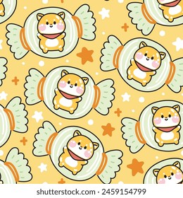 Seamless pattern of cute shiba inu dog in candy package with star background.Japanese pet animal character cartoon design.Sweet.Dessert.Kawaii.Vector.Illustration.