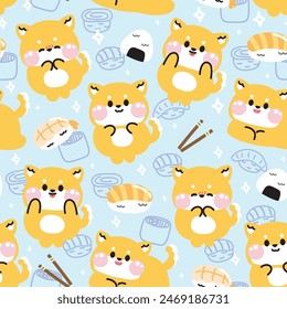 Patrón sin fisuras de perro lindo shiba inu varias poses con fondo pastel de sushi. Casa de mascotas japonesa personaje de dibujos animados diseño. comida japonesa. Imagen para tarjeta, póster, ropa de bebé. Kawaii.