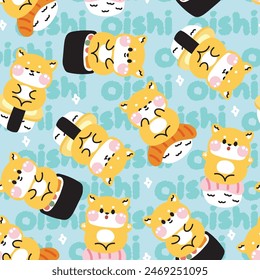 Patrón sin fisuras de lindo perro de shiba inu sentarse en comida japonesa de sushi con fondo de texto. La palabra Oishi significa delicioso en japón. Diseño de dibujos animados de carácter animal. Imagen para tarjeta, póster, ropa de bebé. Kawaii.