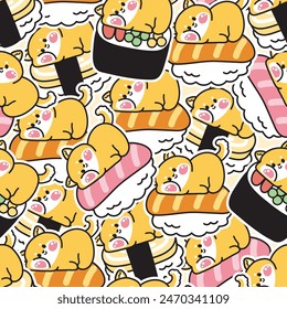 Patrón sin fisuras de perro lindo shiba inu yacía en el fondo de pegatina de sushi. Diseño de dibujos animados de personaje animal de mascota japonés. Comida japonesa. Kawaii. Vector. Ilustración.