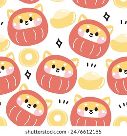 Patrón sin fisuras de la linda forma redonda del traje del daruma del perro de shiba inu con el fondo de la moneda de oro. Dibujo animado del personaje animal doméstico japonés. Imagen para la tarjeta, pantalla de impresión de la camiseta, ropa de bebé.