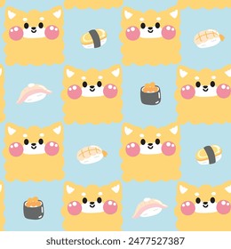 Nahtloses Muster des niedlichen Shiba inu Hundes in Kurvenform, handgezeichnet mit Sushi-Hintergrund.Face.Head.Cartoon Tier Charakter Design.Bild für Karte,Poster,Babykleidung.Kawaii.Vektorgrafik.Illustration