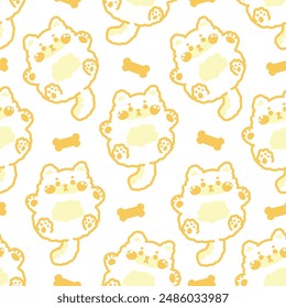 Seamless pattern of cute shiba inu dog doll orange and yellow line hand drawn with bone on white background.Japanese pet animal character cartoon design.Kawaii.Vector.Illustration.