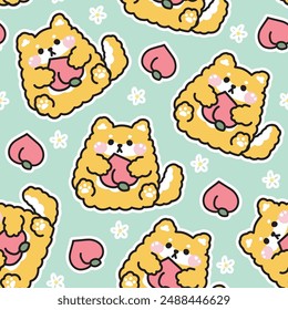 Nahtloses Muster der niedlichen shiba inu Puppe halten Pfirsich und Blume Hintergrund.Frucht.Japanische Haustier Tier Charakter Cartoon Design.Bild für Karte,Aufkleber,Babykleidung.Kawaii.Vektorgrafik.Illustration.