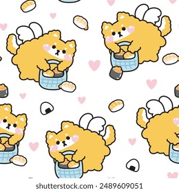 Seamless pattern of cute shiba inu dog angels flying hold sushi basket background.Japanese food.Pet animal character cartoon design.Image for card,poster,sticker.Baby product.Kawaii.Vector