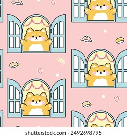 Nahtloses Muster der niedlichen Shiba inu Hund öffnen Sie das Fenster mit Sushi japanischen Essen Hintergrund.Haustier Charakter Cartoon Design.Bild für Karte,Aufkleber,Baby Produkt.Kawaii.Vektorgrafik.Illustration