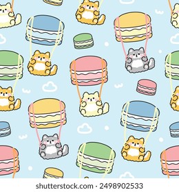 Nahtloses Muster von niedlichen shiba inu Hund Fallschirm Makaron Form Cartoon handgezeichnet auf Himmelswolke Hintergrund.Bäckerei, süß, Dessert.Japanische Haustier Charakter.Kawaii.Vektor.Illustration.