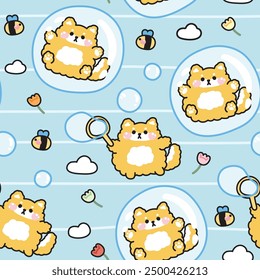 Nahtloses Muster von niedlichen shiba inu Hund spielen Seifenblase.Hund bleiben in Blase auf Himmelhintergrund.Wolke, Blume, Biene.Fun.Play.Japanese Haustier Charakter Cartoon Design.Kawaii.Vector.Illustration.