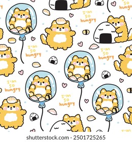 Seamless pattern of cute shiba inu dog with sushi on white background.Shiba inu in balloon.I am so hungry text.Japanese pet and food cartoon.Image for card,sticker,baby clothing.Kawaii.Vector