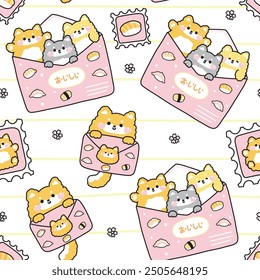 Nahtloses Muster von niedlichen shiba inu Hund in Papierpost haben Sushi-Lebensmittel und Sakura Blume Cartoon Hintergrund.Stamp.Message.Card.Japanischer Text bedeuten yummy.Pet tierischen Charakter.Kawaii.