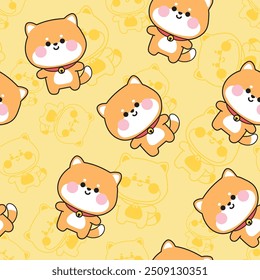 Patrón sin fisuras de lindo perro shiba inu de pie en la línea dibujado a mano background.Japanese animal mascota personaje de dibujos animados design.Kawaii.Vector.Illustration.