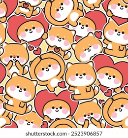 Seamless pattern of cute shiba inu dog in love concept sticker background.Heart.Valentines.Japanese pet animal character cartoon design.Baby graphic.Kawaii.Vector.Illustration.