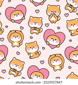 Seamless pattern of cute shiba inu dog in love concept pink background.Heart.Valentines.Japanese pet animal character cartoon design.Baby graphic.Kawaii.Vector.Illustration.