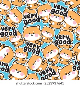 Seamless pattern of cute shiba inu dog sit with very good word sticker background.Japanese pet animal character cartoon design.Baby graphic.Clothing print screen.Kawaii.Vector.Illustration.