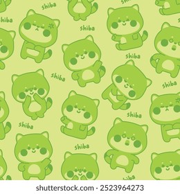 Patrón sin fisuras de lindo perro shiba inu en varias poses línea dibujado a mano con shiba es el nombre del perro texto fondo verde. Diseño de dibujos animados de personajes de animales domésticos japoneses. Kawaii. Vector. Ilustración.