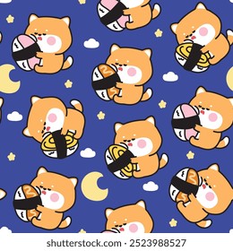 Padrão contínuo de cão inu shiba bonito dormindo com travesseiro de sushi no céu noturno fundo.Moon.Star.Cloud.Japonês comida e personagem animal desenho animado.Kawaii.Vetor.Illustration.