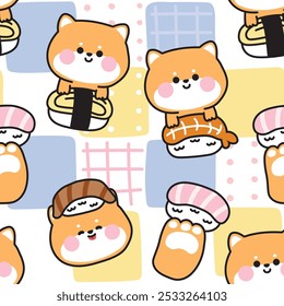 Seamless pattern of cute shiba inu dog with sushi pastel background.Paw.Japanese food and pet animal character cartoon design.Image for card,cover book,stationary,print screen,baby clothing.Kawaii.