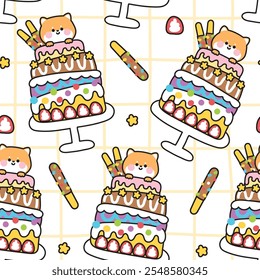 Seamless pattern of cute shiba inu dog stay on big cake background.Happy birthday.Celebration party.Chocolate.Strawberry.Star.Japanese pet animal character cartoon design.Kawaii.