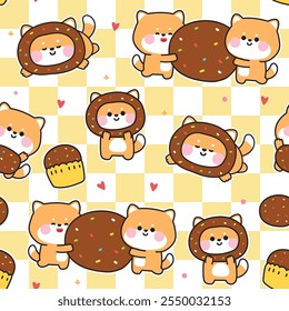 Seamless pattern of cute shiba inu dog with chocolate ball sugar candy background.Bakery and sweet hand drawn.Japanese pet animal character cartoon design.Image for card,sticker,baby clothing.Kawaii.