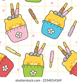 Seamless pattern of cute shiba inu dog vanilla ice cream flavor with whipping cream and biscuit stick background.Sweet and dessert.Japanese pet animal cartoon hand drawn.Kawaii.Vector.Illustration