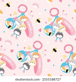 Seamless pattern of cute shiba inu dog face head keychain bag with sushi bead background.Kawaii mean cute in japanese.Pet animal cartoon.Image for card,sticker,decoration item.Kawaii.