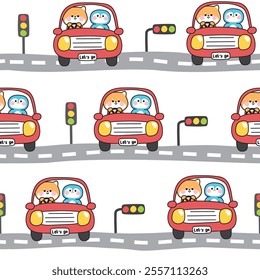 Seamless pattern of cute shiba inu dog with penguin drive car on the road background.Vehicle.Traffic.Japanese pet and bird animal character cartoon.Kawaii.Vector.Illustration.