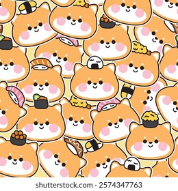 Seamless pattern of cute shiba inu face head with various sushi sticker background.Japanese food and pet.Animal character cartoon design.Kawaii.Vector.illustration.