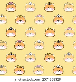 Seamless pattern of cute shiba inu face head with various sushi background.Shadow.Japanese food and pet.Animal character cartoon design.Kawaii.Vector.illustration.