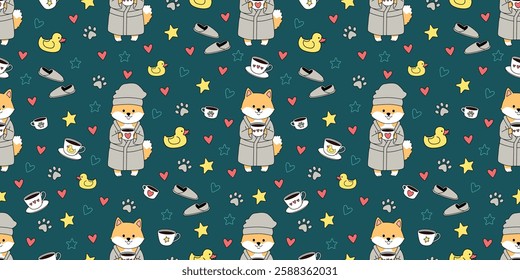 Seamless pattern with cute Shiba Inu dog in bathrobe holding coffee cup, cozy illustration with heart patterns