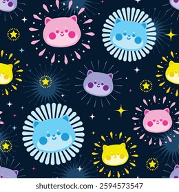 Seamless pattern of cute Shiba inu dog fireworks on night sky background.Festival.Celebrates.New year.Holiday.Star.Japanese pet animal character cartoon.Kawaii.Vector.Illustration.