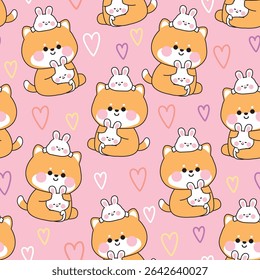 Seamless pattern of cute shiba inu dog doll hug tiny rabbit with heart background.Friend.Love.Japanese pet and rodent animal character cartoon design.Kawaii.Vector.Illustration.