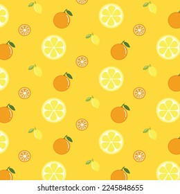 Seamless pattern of cute shiny lemon and orange fruit. Hand drawn flat vector illustration isolated on yellow background. For textile print, wallpaper, wrapping paper, greeting card, gift 