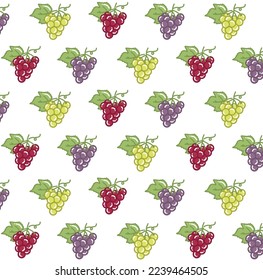Patrón sin foco de uvas rojas, blancas, verdes y violetas lindas. Ilustración vectorial plana dibujada a mano aislada en fondo blanco. Para impresiones textiles, papel de pared, papel de embalaje, tarjeta de felicitación, regalo 