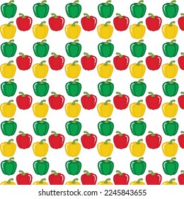 Patrón sin foco de adorable y brillante pimienta amarilla, verde y roja, pimienta campana. Ilustración vectorial plana dibujada a mano aislada en el fondo rosado. Para imprenta textil, papel de pared, papel de envoltura, tarjeta de saludo