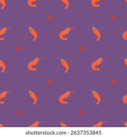 Seamless Pattern with cute Shrimp animal on dark purple background with hearts. Vector Illustration 