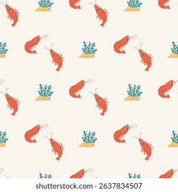 Seamless Pattern with cute Shrimp animal on white Background with algae. Vector Illustration 