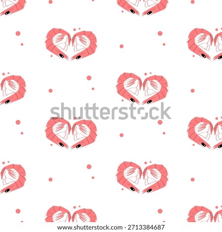 Seamless pattern with cute shrimp shaped as hearts. Romantic seafood background for Valentine's Day designs, wrapping paper, packaging, textiles, cards, social media, wallpapers and decorative surfaces