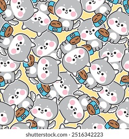 Seamless pattern of cute siberian husky looking at dog food sticker background.Pet animal character cartoon design.Kawaii.Vector.Illustration.