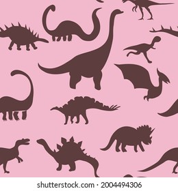 Seamless pattern with cute silhouette dinosaurs.Jurassic,mesozoic reptiles,footprint.Various dino characters.Prehistoric illustration with herbivores and predator animals.Childish print,wrapping paper