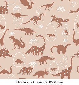 Seamless pattern with cute silhouettes baby dinosaurs. Jurassic,mesozoic reptiles with animal eggs.Various characters in pastel color.Prehistoric illustration.Childish print,wrapping paper