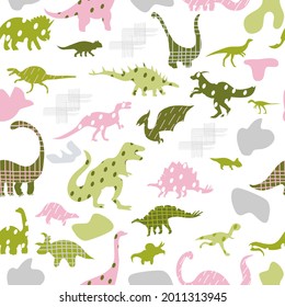 Seamless pattern with cute silhouettes baby dinosaurs. Jurassic,mesozoic reptiles with different prints.Various dino characters in pastel color.Prehistoric illustration.Childish wrapping paper