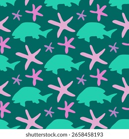 Seamless pattern in cute silhouettes of fish and starfish on dark green background. Vector image.
