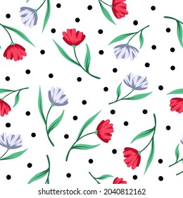 Seamless pattern with cute simple flowers. Trendy vector